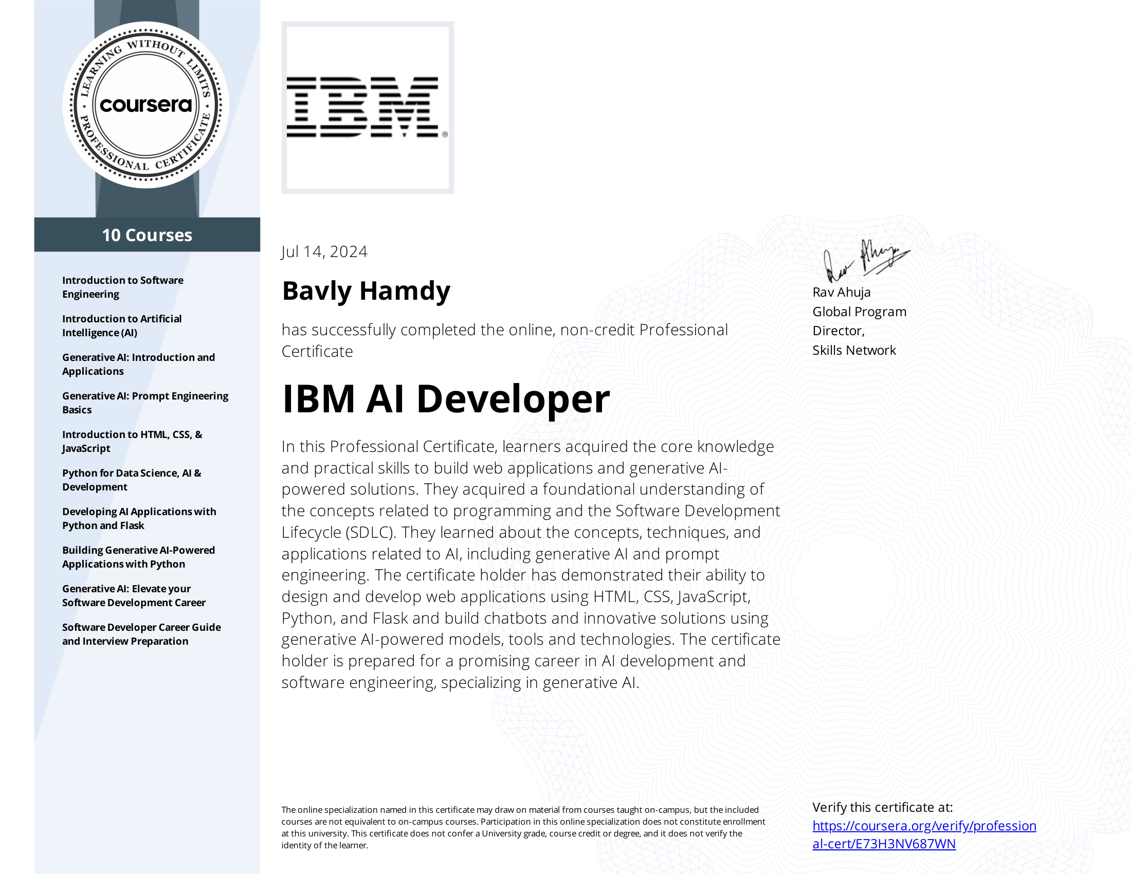 IBM AI Developer Professional Certificate (10 Courses)