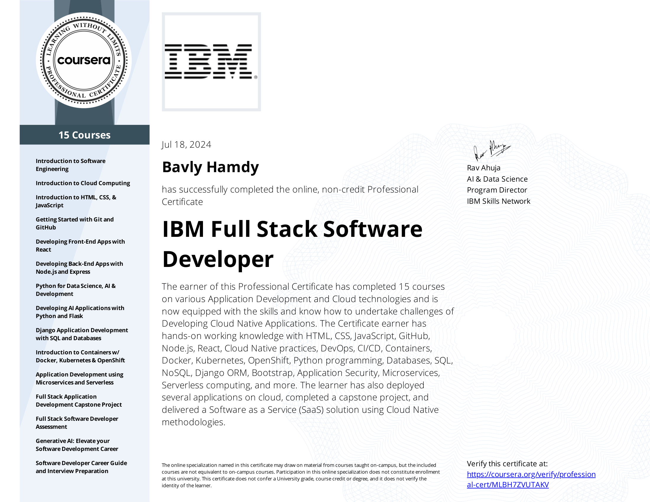 IBM Full Stack Software Developer Professional Certificate (15 Courses)